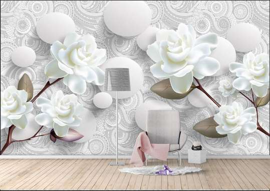 3D Wallpaper - White roses and white balls.