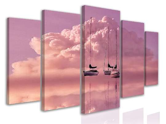 Modular painting, Purple sunset and boats in the sea, 108 х 60