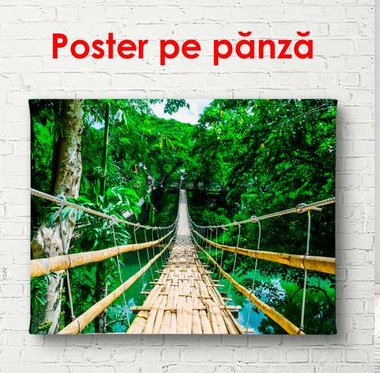 Poster - Wooden bridge along the green forest, 90 x 60 см, Framed poster