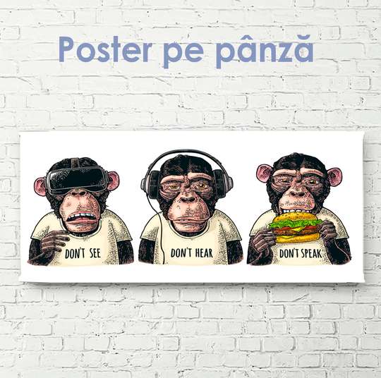 Постер, Три обезьяны, 60 x 30 см, Холст на подрамнике, Животные