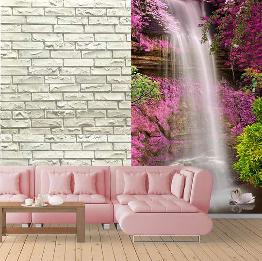 Фотообои - Водопад в парке с розовыми деревьями.