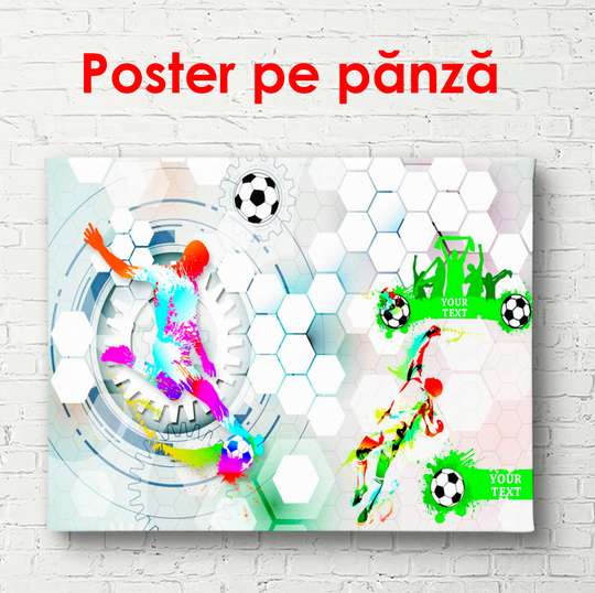 Poster - Fotbalistul abstract cu minge pe un fundal gri, 90 x 60 см, Poster înrămat