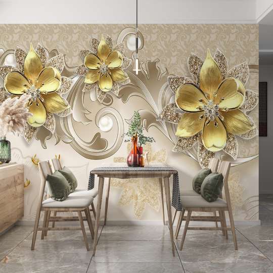 Fototapet, Broșe cu flori aurii pe un fundal abstract