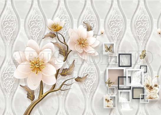 Wall mural - Beige flowers and geometry