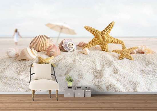 Фотообои - Ракушки и морские звезды на пляже