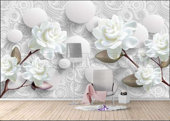 3D Wallpaper - White roses and white balls.