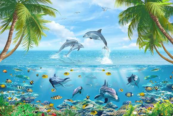 Fototapet - Delfini și alți pești în mare