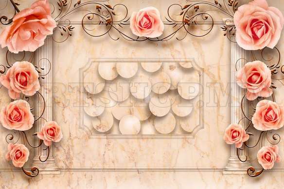 3D Wallpaper - Pink roses with an ornament on a beige background