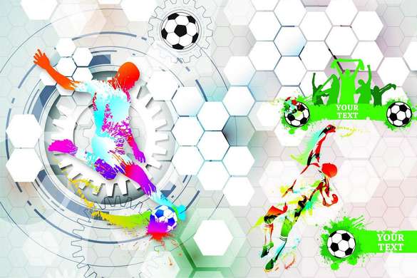 Poster - Fotbalistul abstract cu minge pe un fundal gri, 90 x 60 см, Poster înrămat, Sport