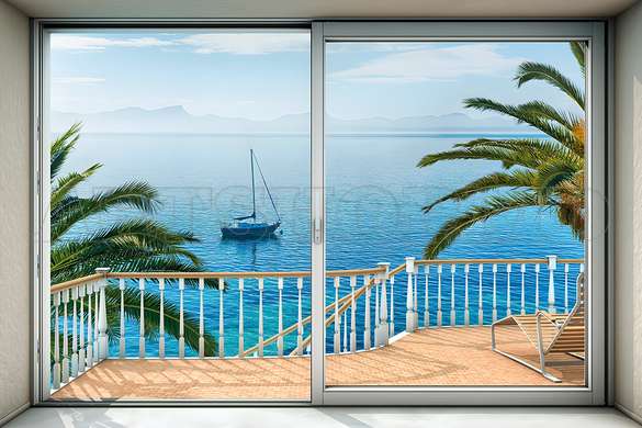 Wall mural - Sea view with palm trees and boat