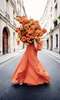 Poster - Girl in orange dress with a bouquet of flowers, 45 x 90 см, Framed poster on glass, Glamour