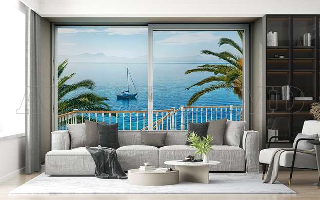 Wall mural - Sea view with palm trees and boat