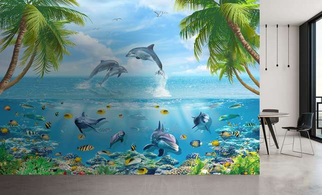 Fototapet - Delfini și alți pești în mare