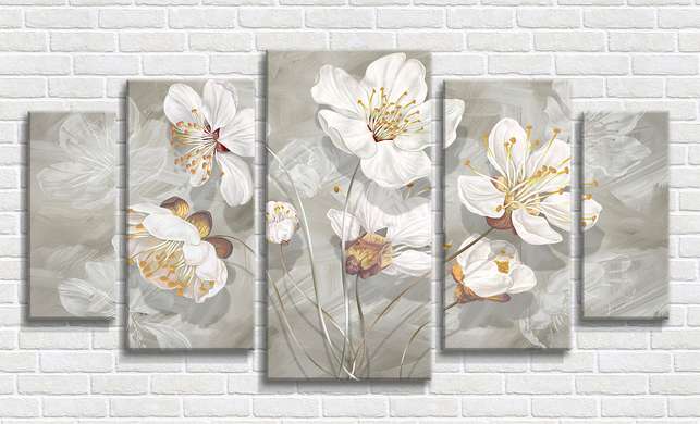 Tablou Pe Panza Multicanvas, Flori albe pe fundal gri, 206 x 115